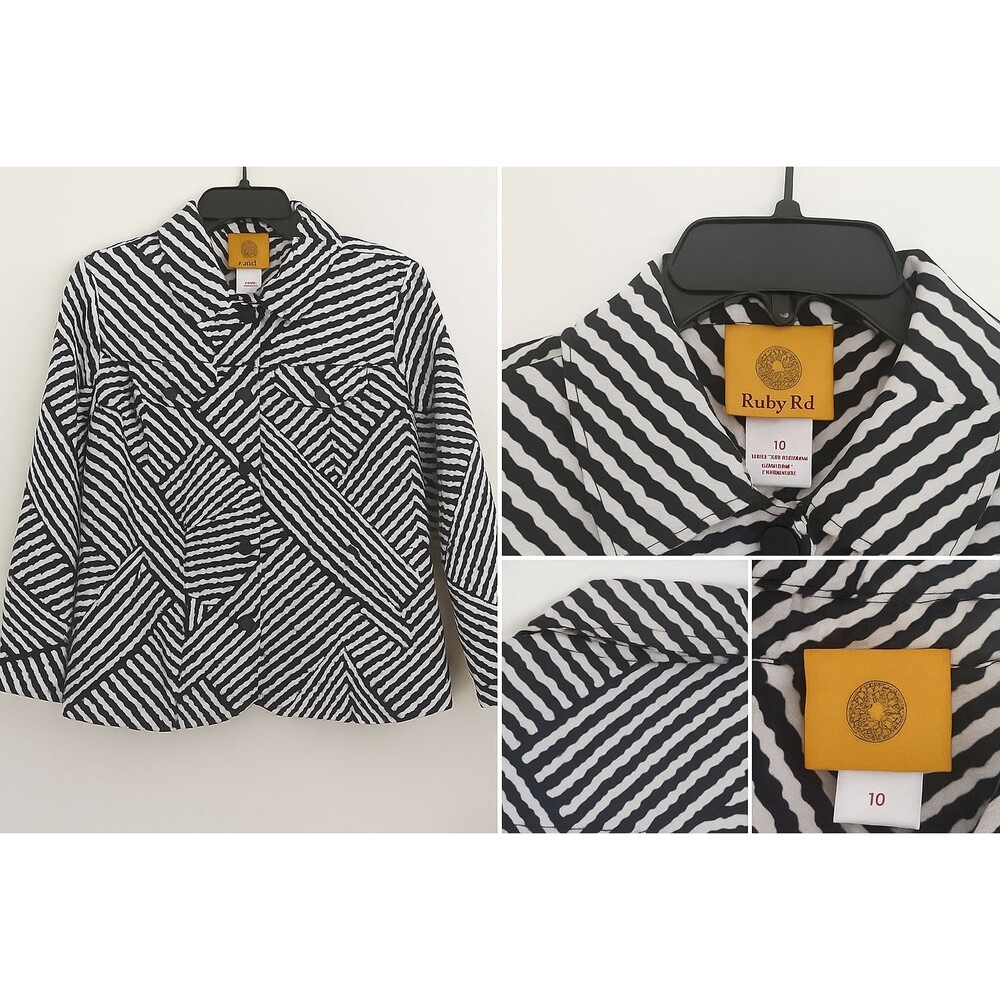 Ruby Rd Women‎ Sz 10 Cropped Jacket Black/White Geometric Print Monochrome Layer